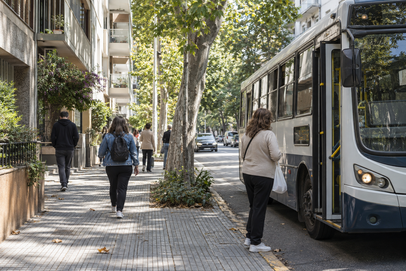A person waits beside a city bus on a leafy Montevideo residential street.