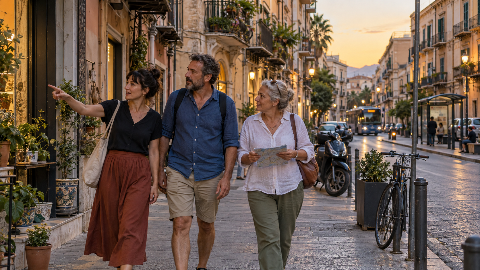 Adults walk along a bright, lived-in Palermo neighborhood street at early evening, with small shops and Mediterranean apartment buildings.
