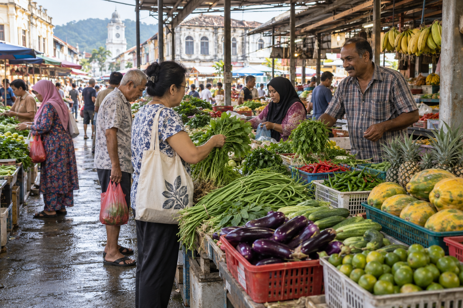 Shoppers choose fresh produce at a busy Penang-style morning market.