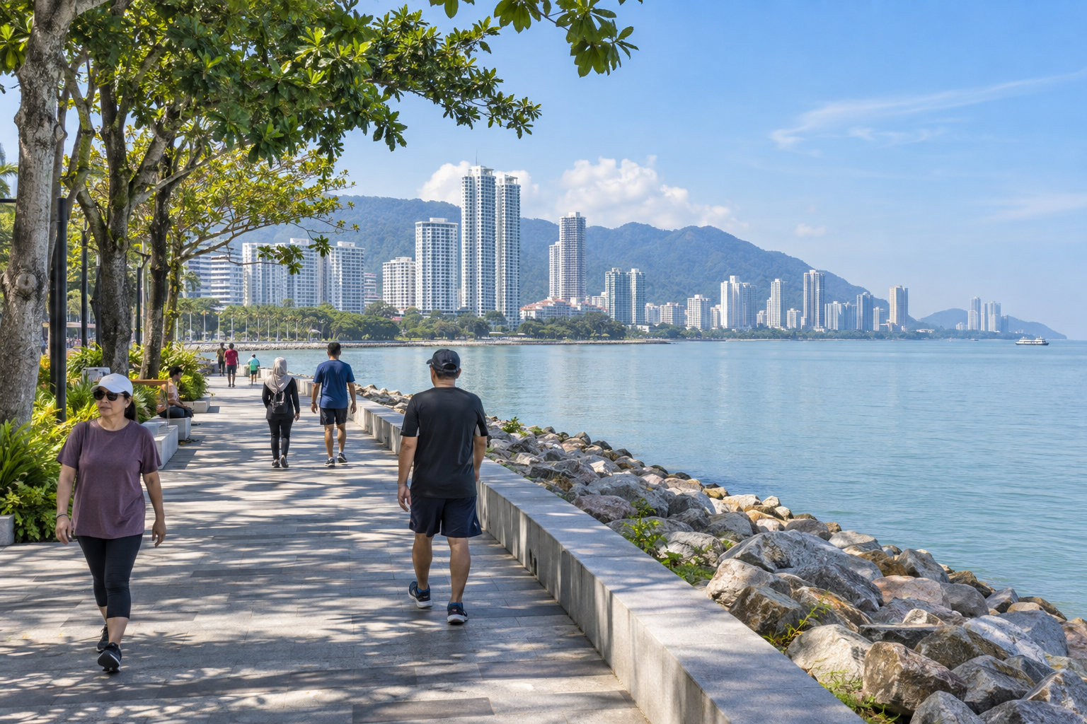 People walk beside the water on a bright Penang-style coastal promenade, with an island skyline and hills beyond.