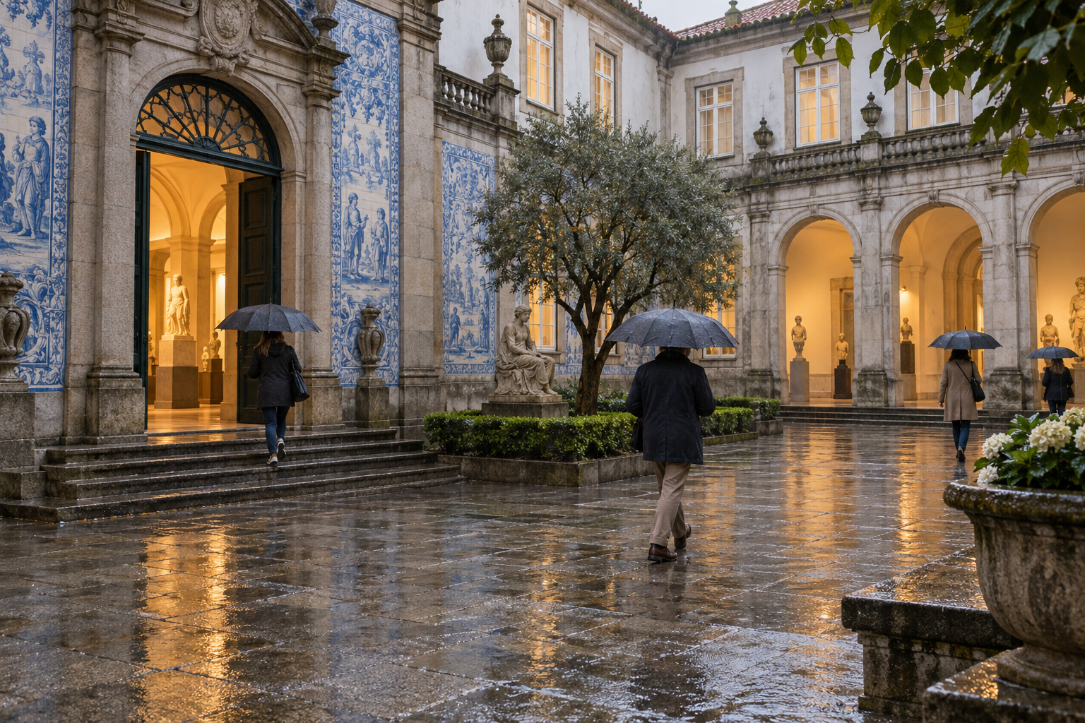 Adults with plain umbrellas walk through a wet stone courtyard at a Porto museum.