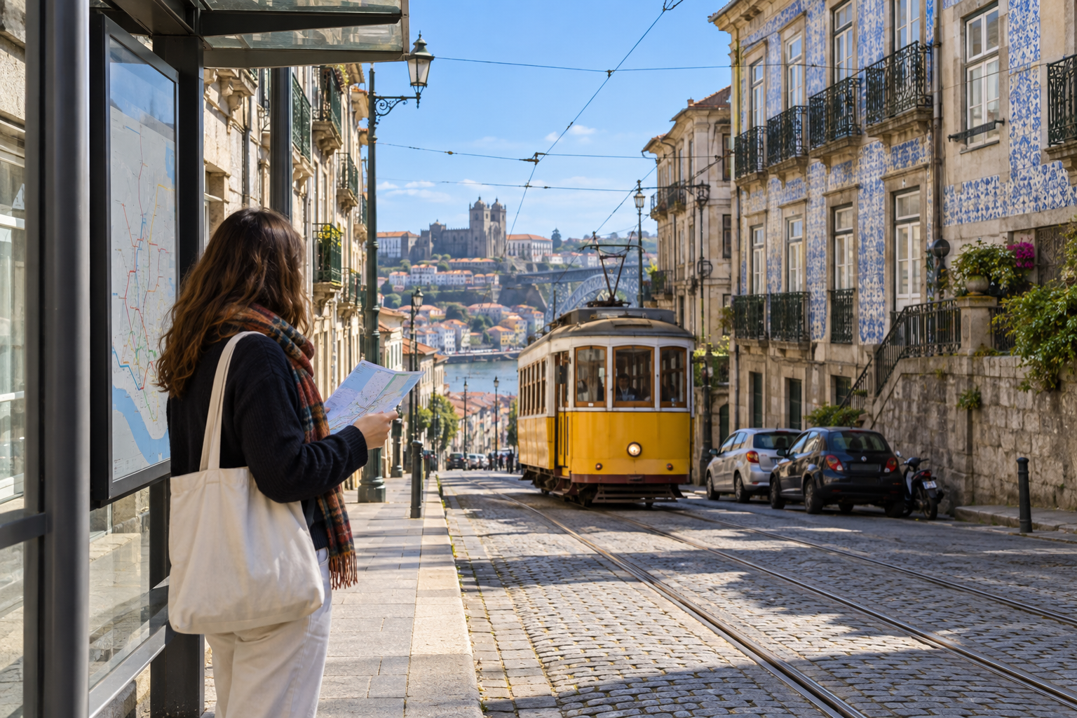An adult with a shopping tote checks a route beside a Porto tram on a sunny hillside street.