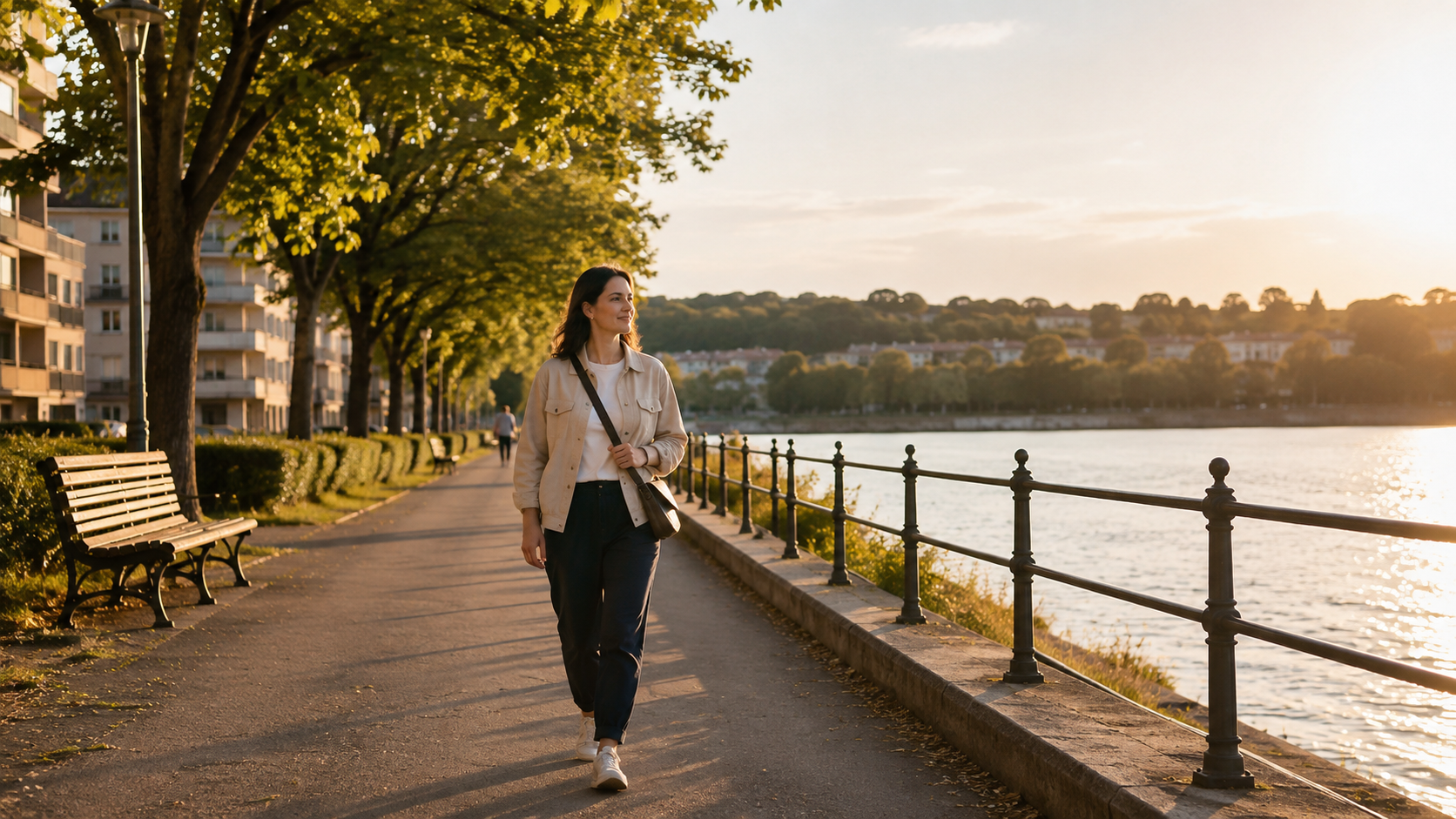 Traveler walking on a leafy public waterfront path at golden hour.