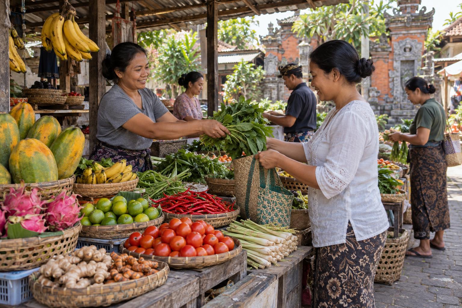 Illustration of shoppers and a vendor at a Balinese neighborhood produce market.