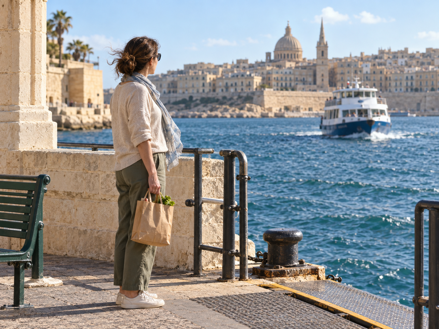An adult waits beside the Sliema ferry landing with a small shopping bag on a breezy bright Malta day, with no logos or signage visible.