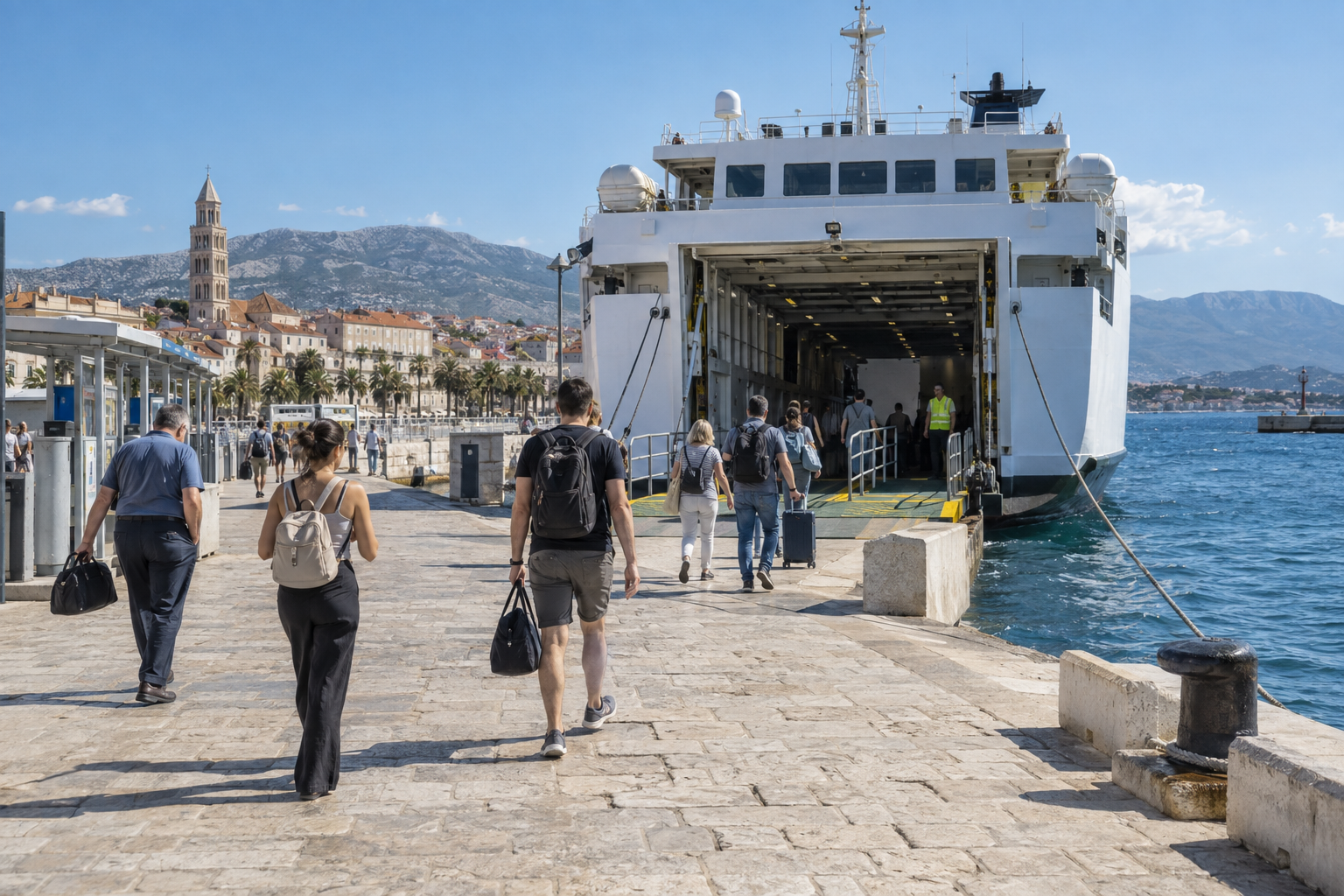 Passengers walk toward a ferry at Split's waterfront terminal on a bright weekday, with the old city and mountains behind them.