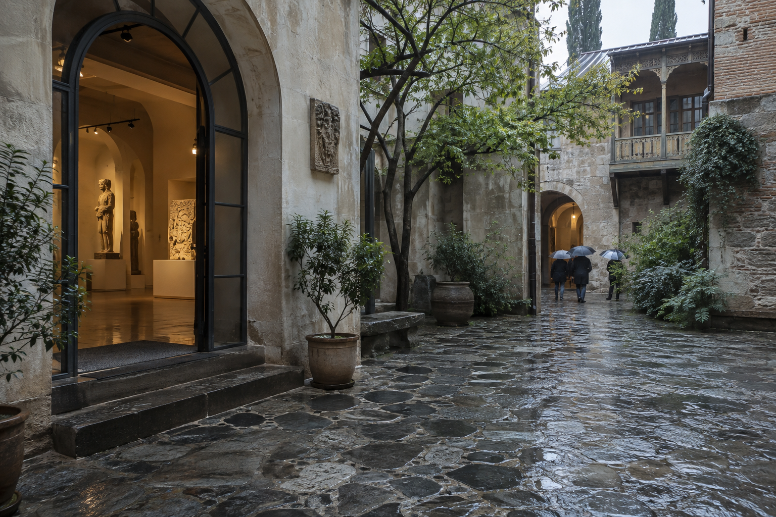 A quiet Tbilisi museum courtyard with wet stone pavement and visitors carrying umbrellas.
