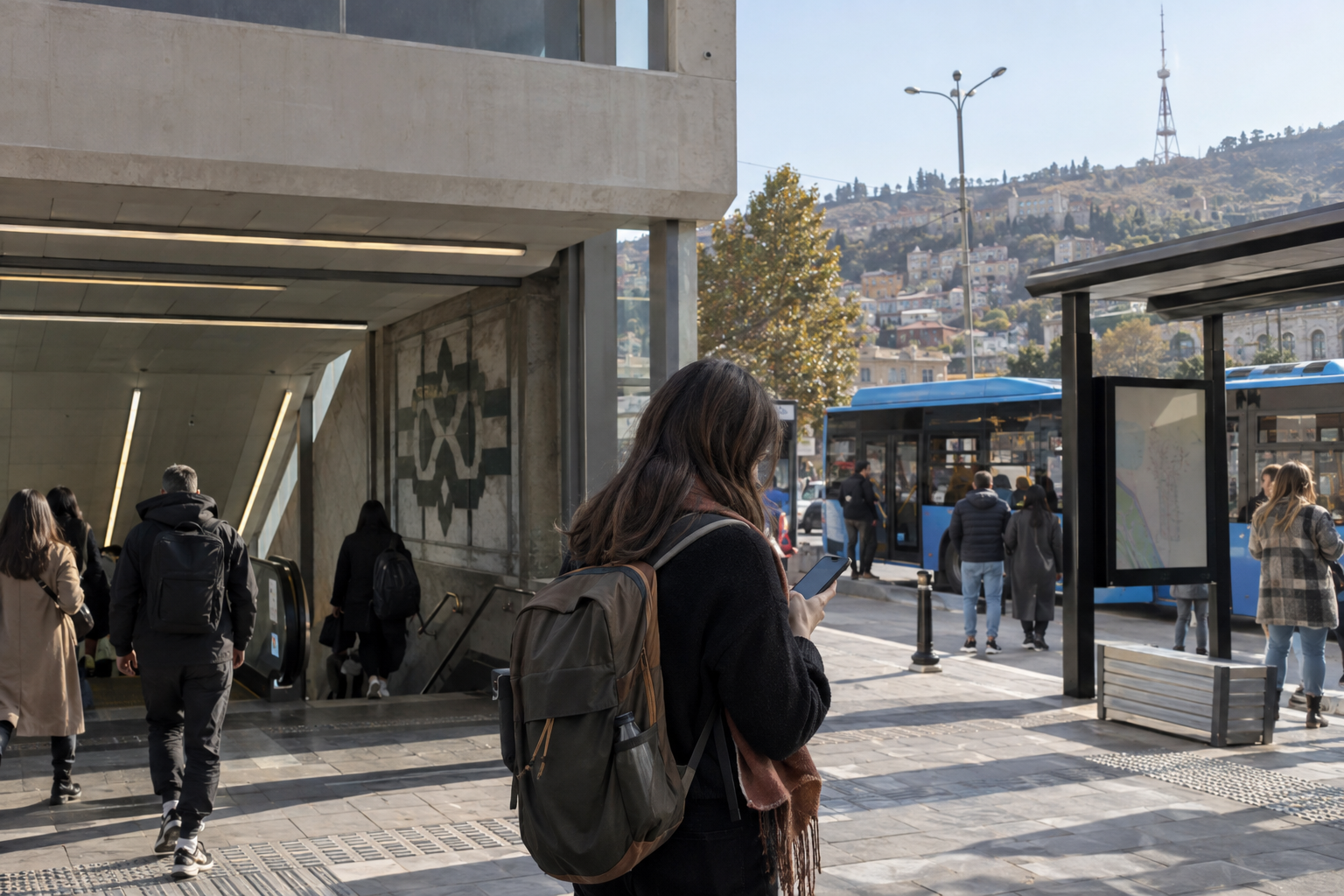 A traveler checks a phone outside a Tbilisi metro entrance as a city bus arrives.