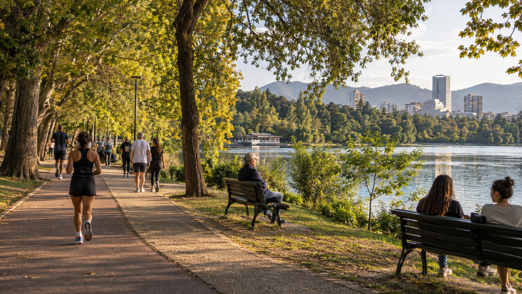 People walking, jogging, and resting beside the lake in Tirana Grand Park on a calm afternoon.
