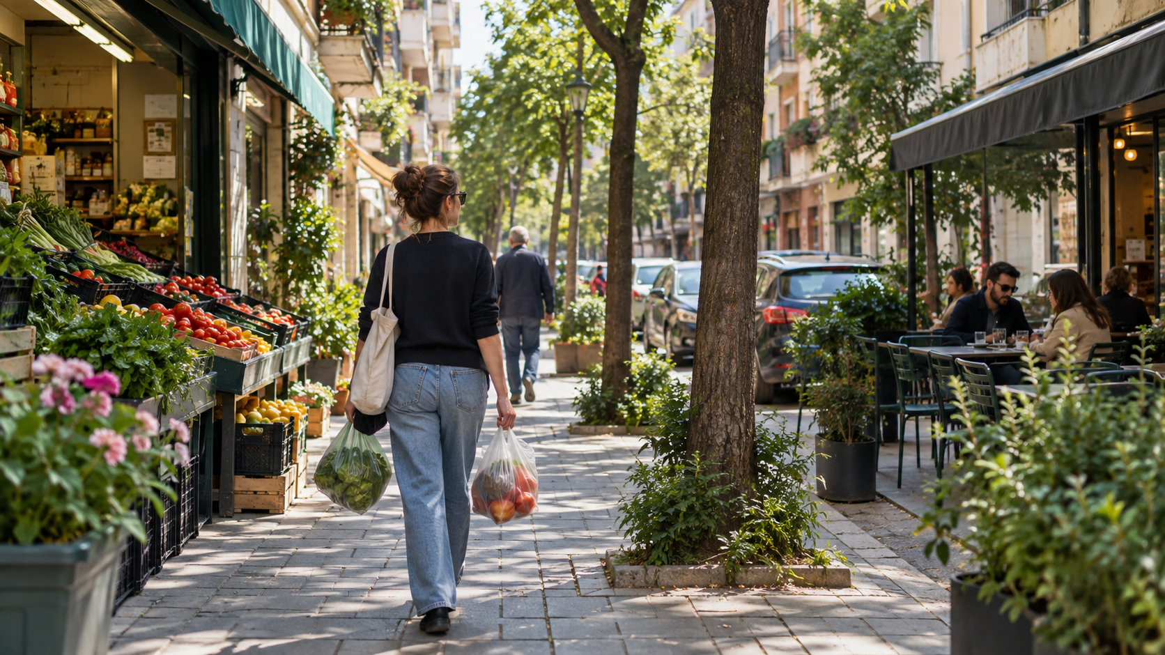 A resident carrying groceries past a produce shop and café on a leafy Tirana neighborhood street.