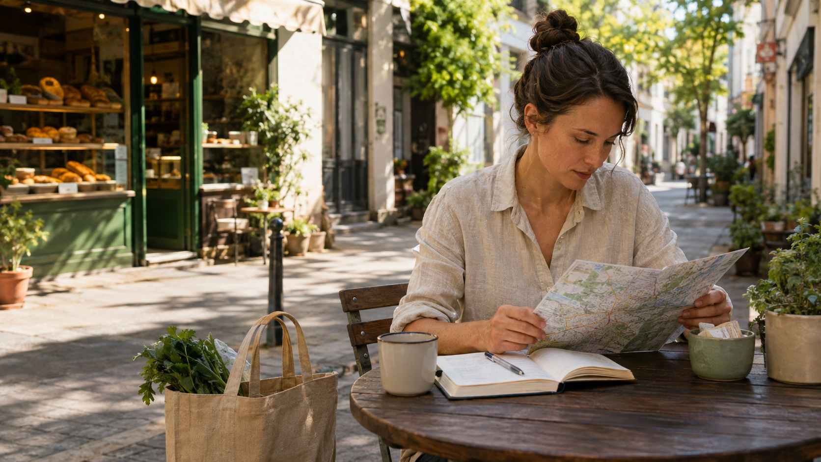 Traveler reviewing a city map and notebook at a neighborhood cafe.