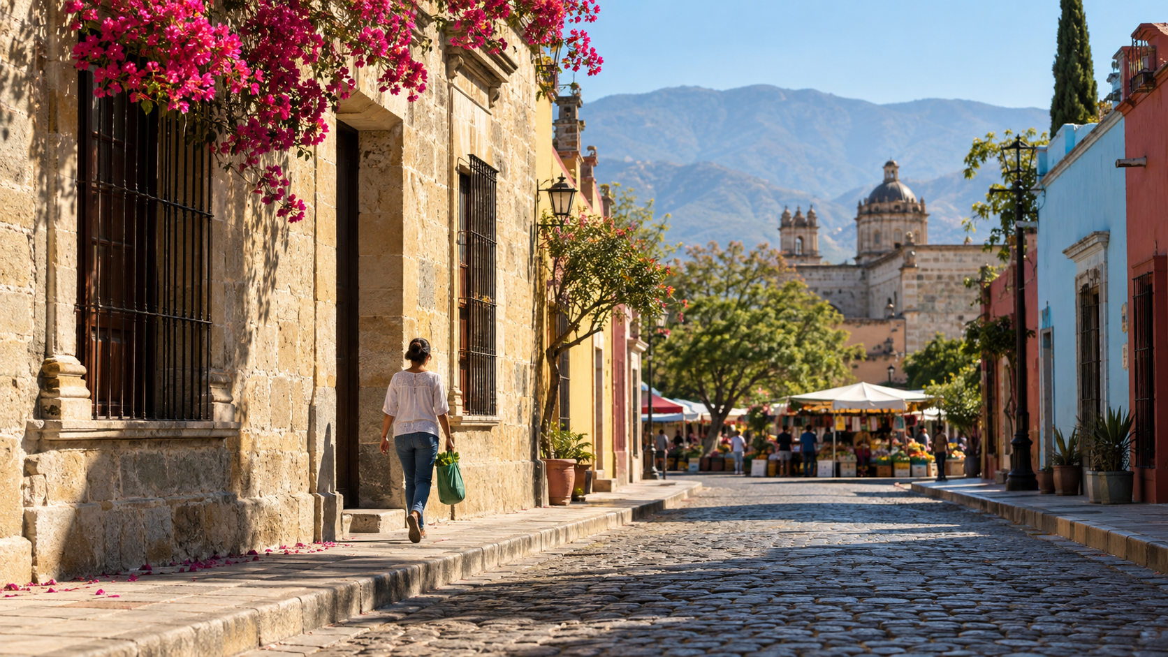 A bright Oaxaca City street scene suggesting an ordinary long-stay routine.