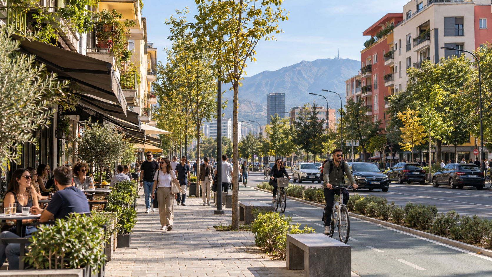 A bright everyday boulevard in Tirana with pedestrians, bicycles, cafés, and Mount Dajti in the distance.