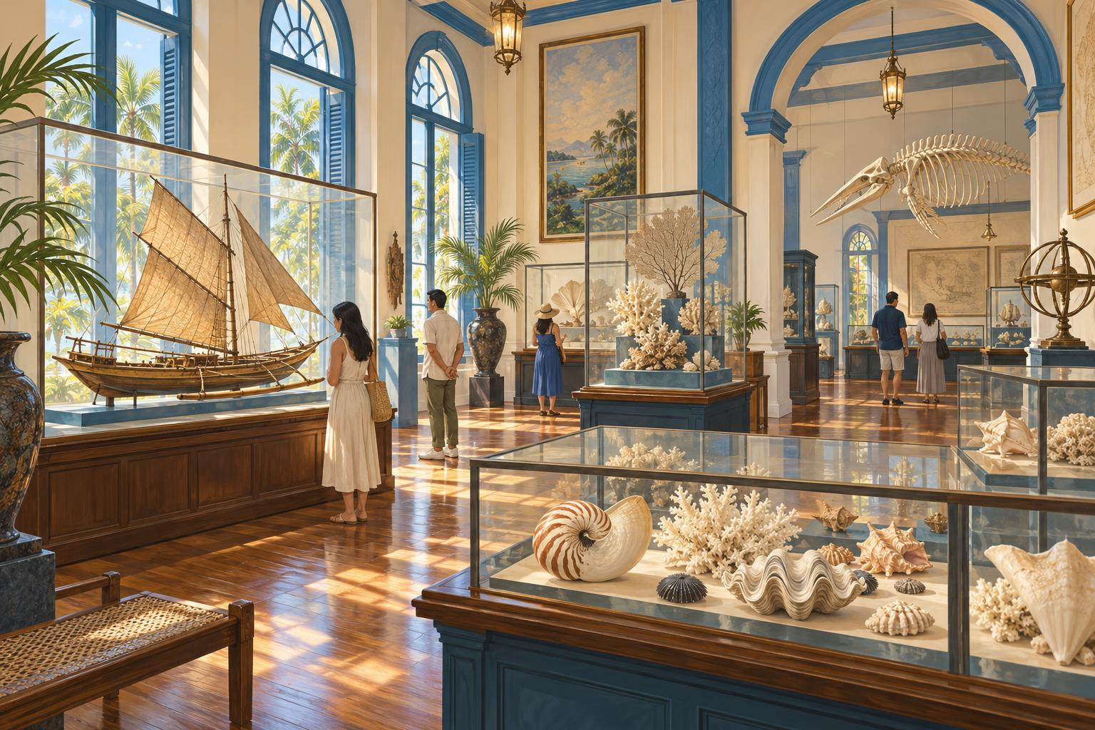 Illustration of a visitor considering a Cebu-inspired museum exhibition; not a depiction of a specific gallery or current access.