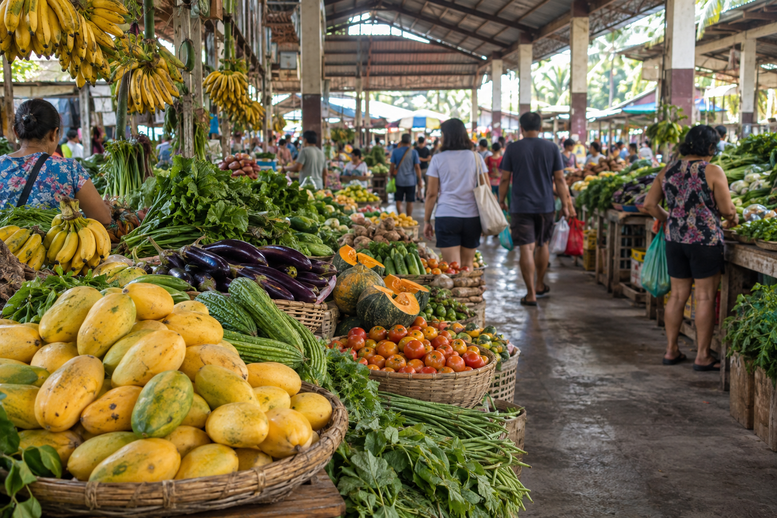 Illustrative covered Philippine market with baskets of produce and people shopping.