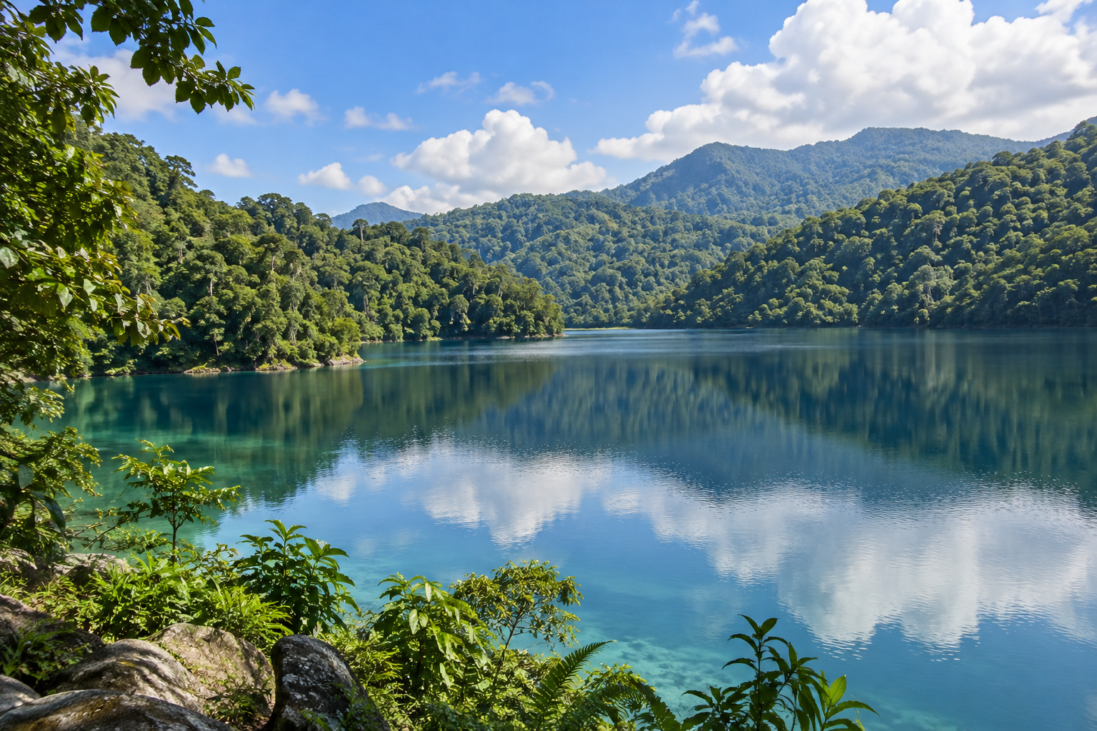 Illustrative forested lake and mountain landscape near Dumaguete.